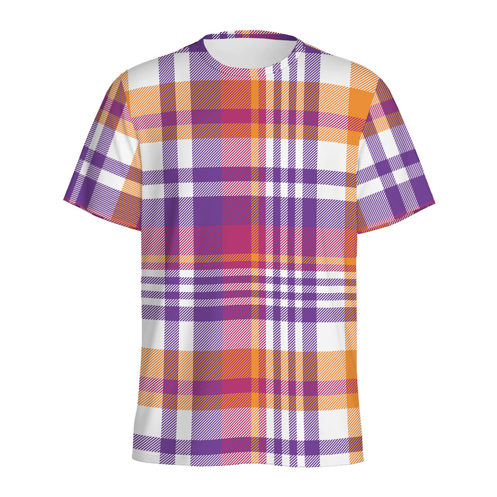 Purple And Orange Madras Plaid Print Men's Sports T-Shirt