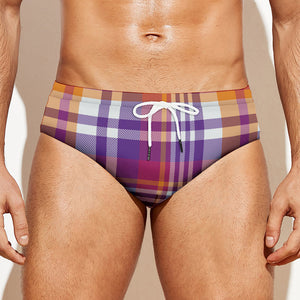 Purple And Orange Madras Plaid Print Men's Swim Briefs