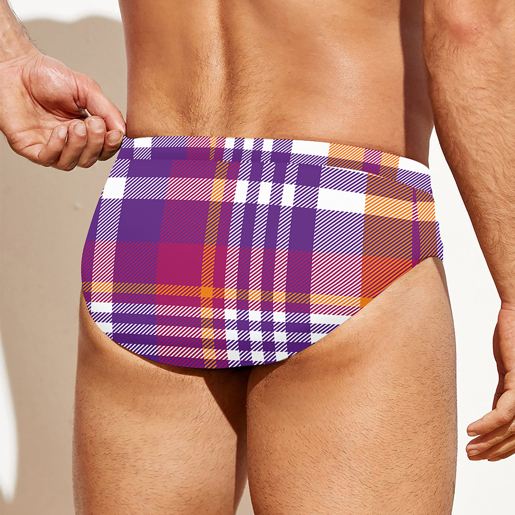 Purple And Orange Madras Plaid Print Men's Swim Briefs