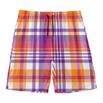 Purple And Orange Madras Plaid Print Men's Swim Trunks