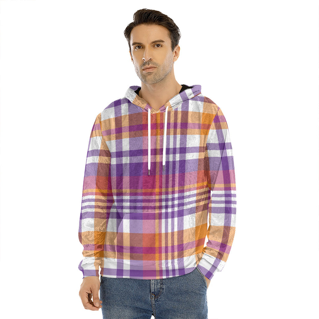 Purple And Orange Madras Plaid Print Men's Velvet Pullover Hoodie