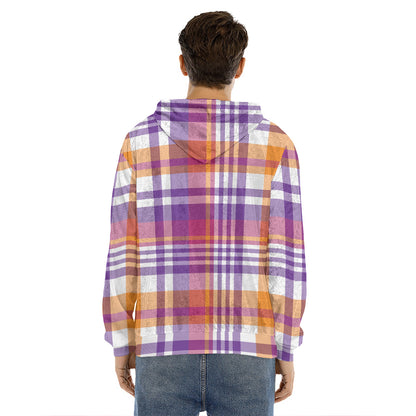 Purple And Orange Madras Plaid Print Men's Velvet Pullover Hoodie