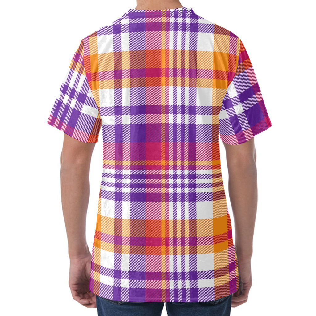Purple And Orange Madras Plaid Print Men's Velvet T-Shirt
