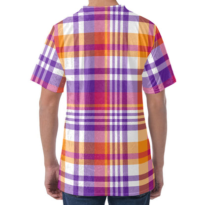 Purple And Orange Madras Plaid Print Men's Velvet T-Shirt