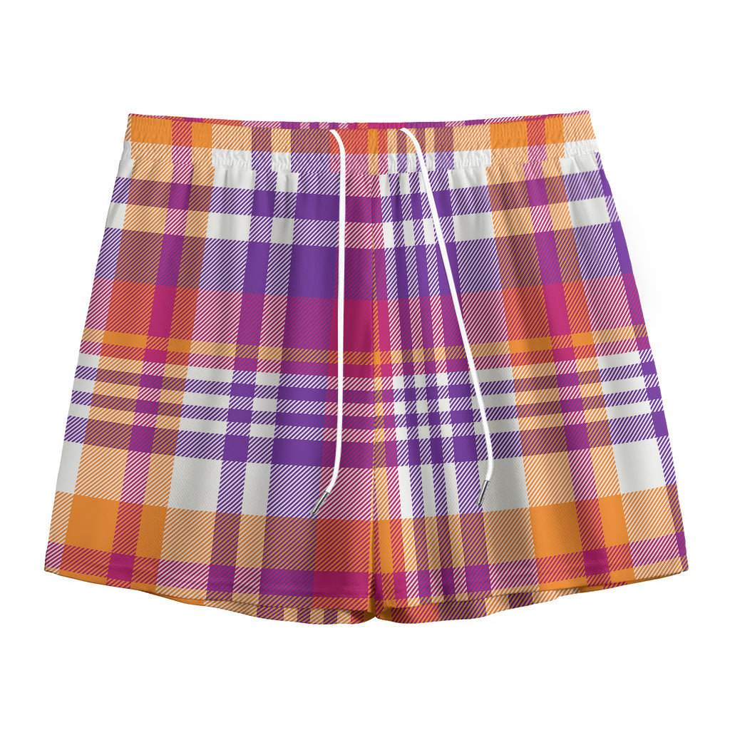 Purple And Orange Madras Plaid Print Mesh Shorts