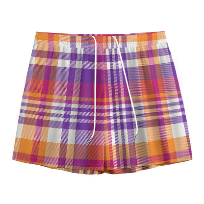 Purple And Orange Madras Plaid Print Mesh Shorts