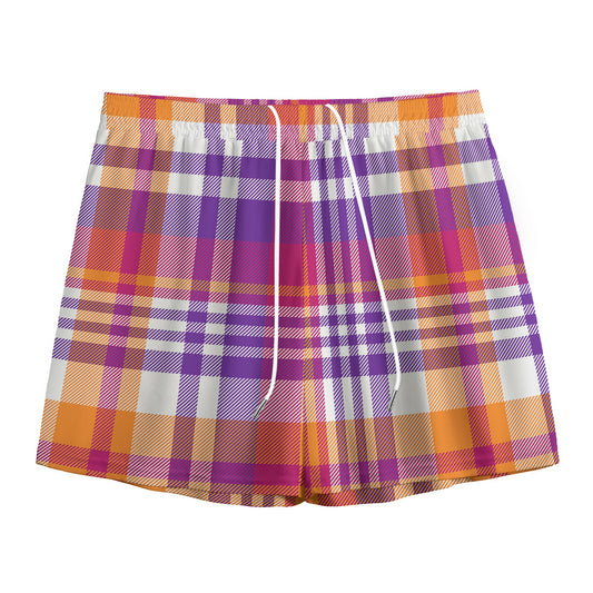 Purple And Orange Madras Plaid Print Mesh Shorts