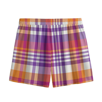 Purple And Orange Madras Plaid Print Mesh Shorts