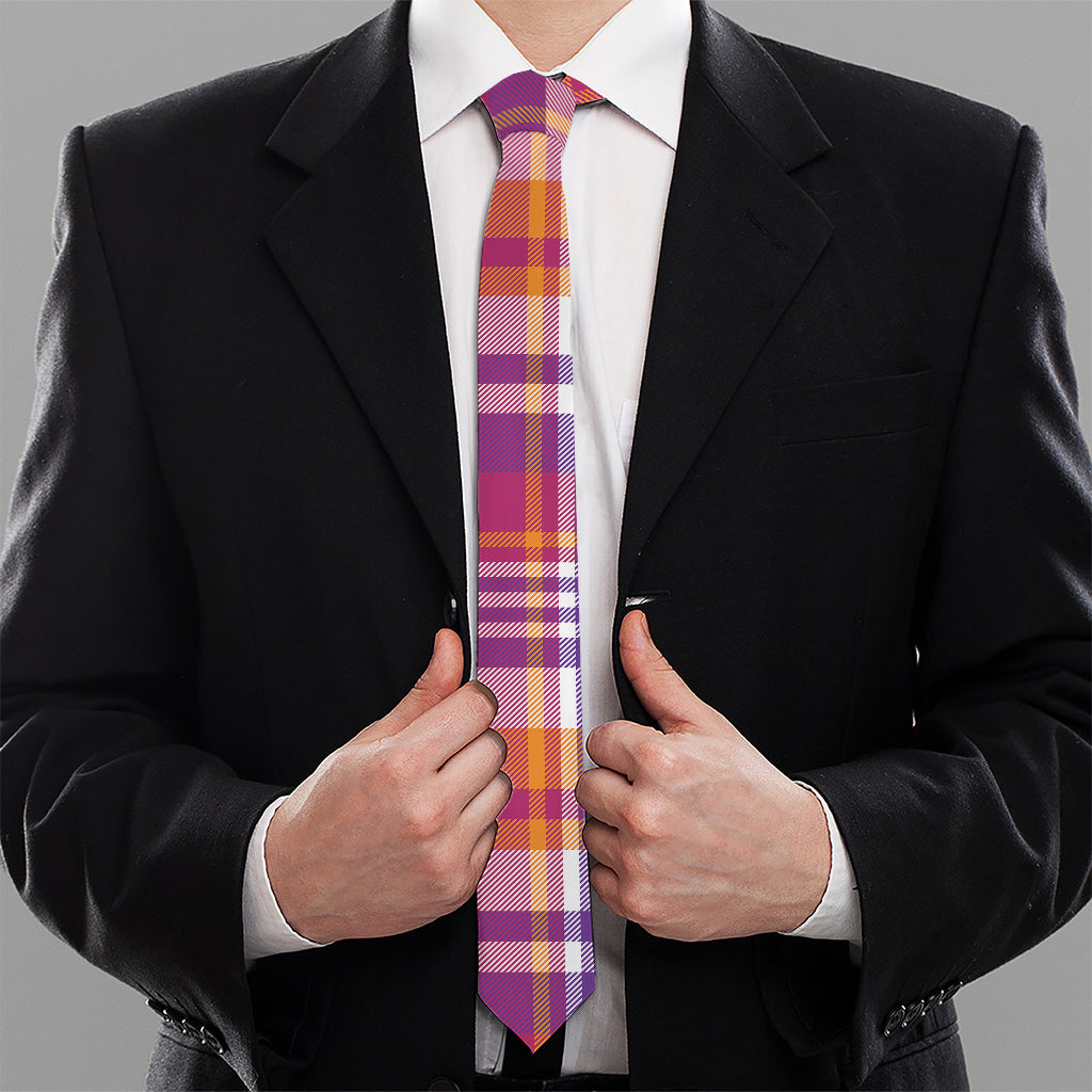 Purple And Orange Madras Plaid Print Necktie