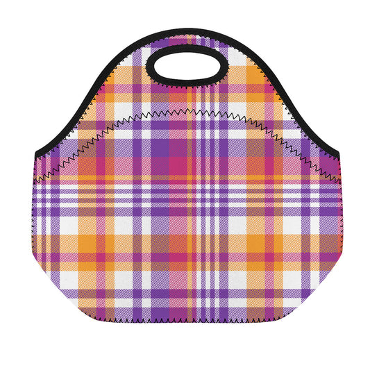 Purple And Orange Madras Plaid Print Neoprene Lunch Bag