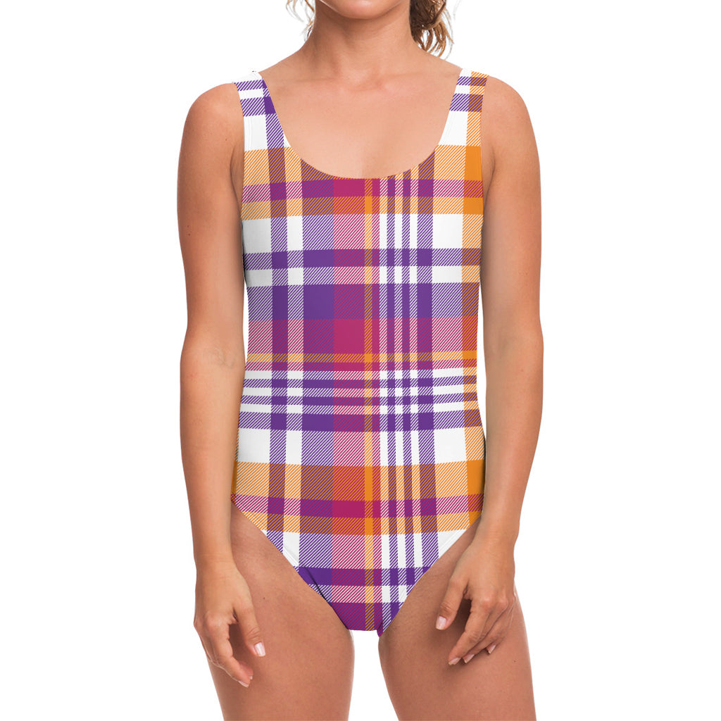 Purple And Orange Madras Plaid Print One Piece Swimsuit