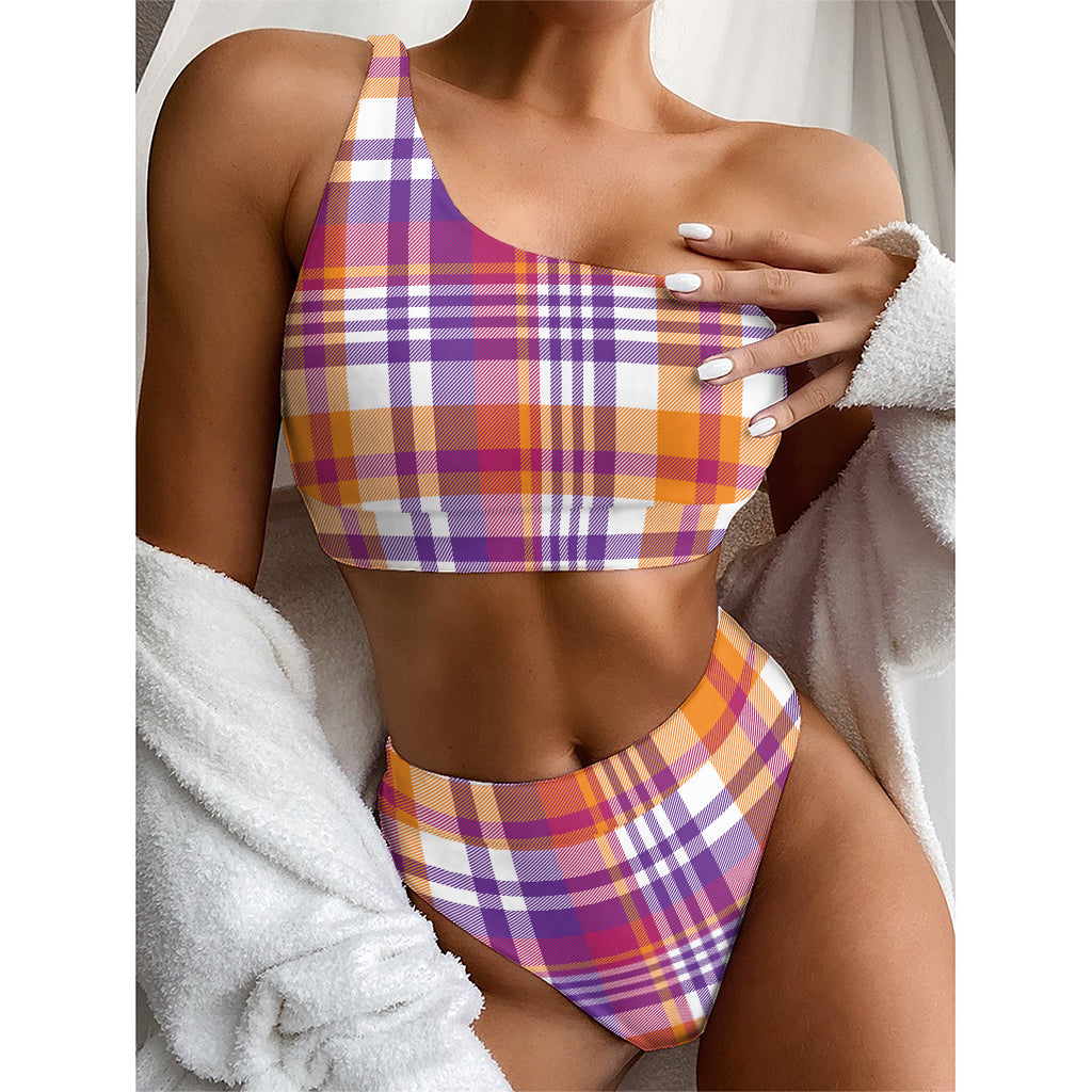 Purple And Orange Madras Plaid Print One Shoulder Bikini Top