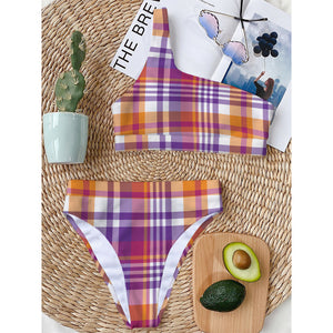 Purple And Orange Madras Plaid Print One Shoulder Bikini Top