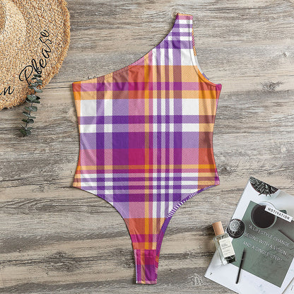 Purple And Orange Madras Plaid Print One Shoulder Bodysuit