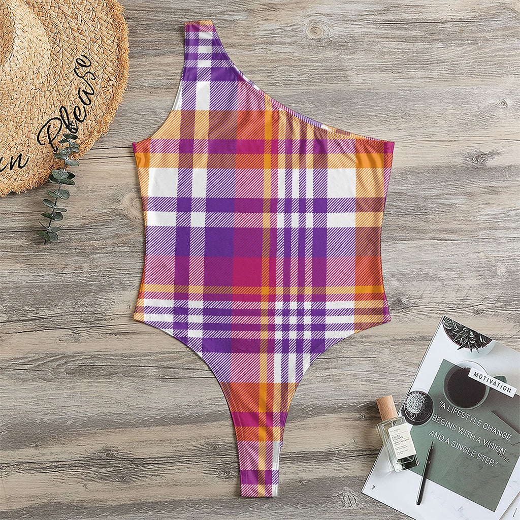 Purple And Orange Madras Plaid Print One Shoulder Bodysuit