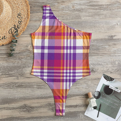 Purple And Orange Madras Plaid Print One Shoulder Bodysuit