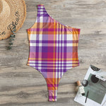 Purple And Orange Madras Plaid Print One Shoulder Bodysuit