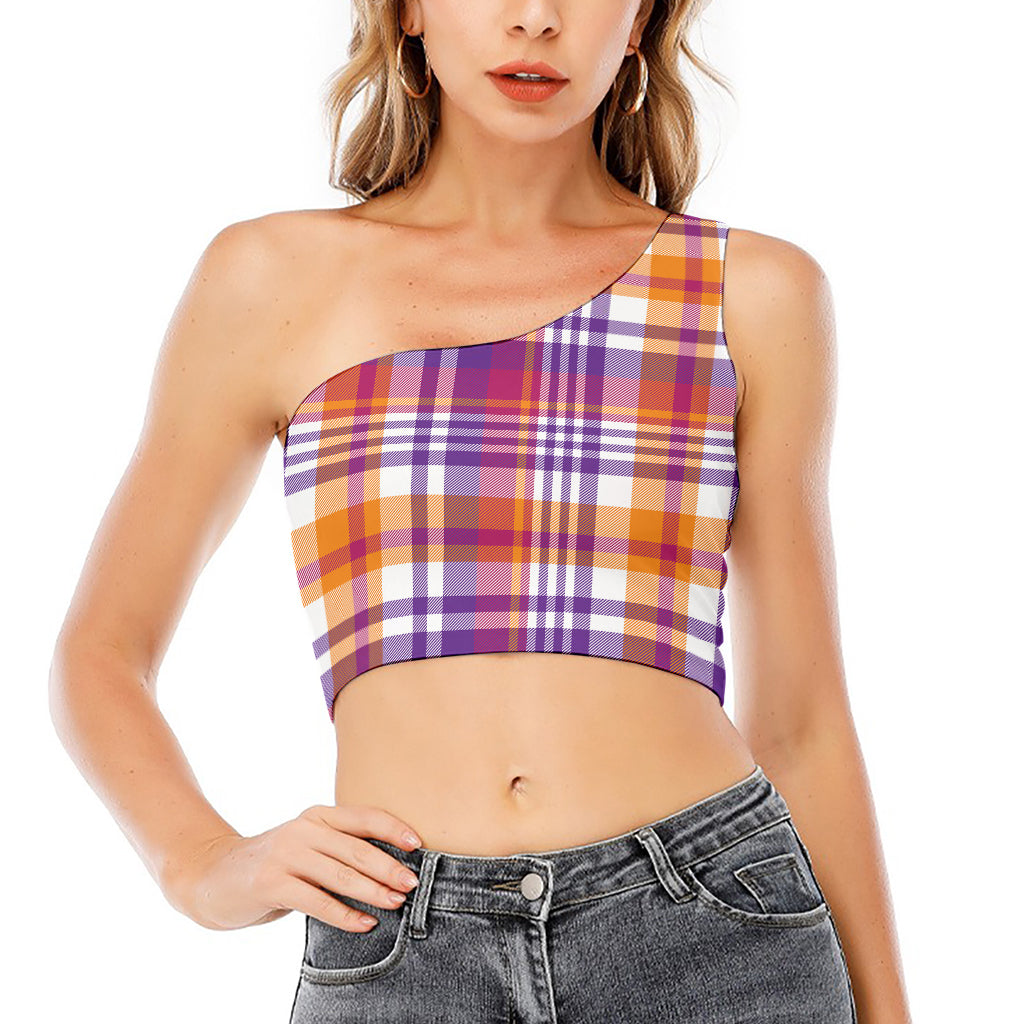 Purple And Orange Madras Plaid Print One Shoulder Crop Top