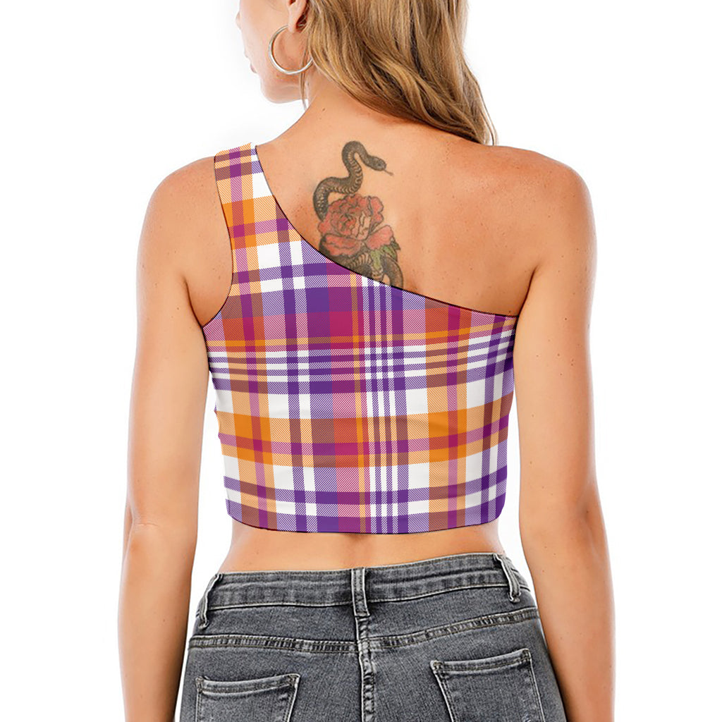 Purple And Orange Madras Plaid Print One Shoulder Crop Top