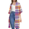 Purple And Orange Madras Plaid Print Open Front Beach Cover Up