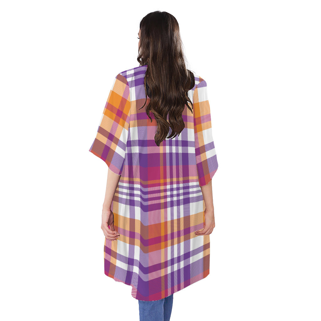 Purple And Orange Madras Plaid Print Open Front Beach Cover Up