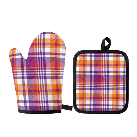 Purple And Orange Madras Plaid Print Oven Mitt And Pot Holder Set