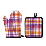 Purple And Orange Madras Plaid Print Oven Mitt And Pot Holder Set