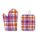 Purple And Orange Madras Plaid Print Oven Mitt And Pot Holder Set
