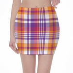 Purple And Orange Madras Plaid Print Pencil Mini Skirt