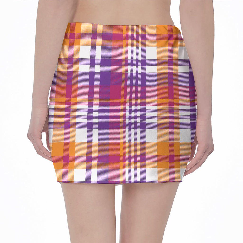 Purple And Orange Madras Plaid Print Pencil Mini Skirt