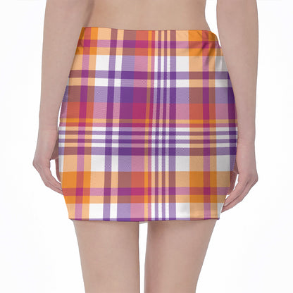 Purple And Orange Madras Plaid Print Pencil Mini Skirt