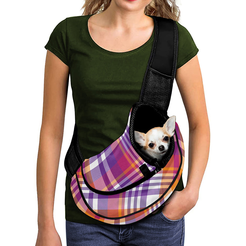 Purple And Orange Madras Plaid Print Pet Sling Carrier
