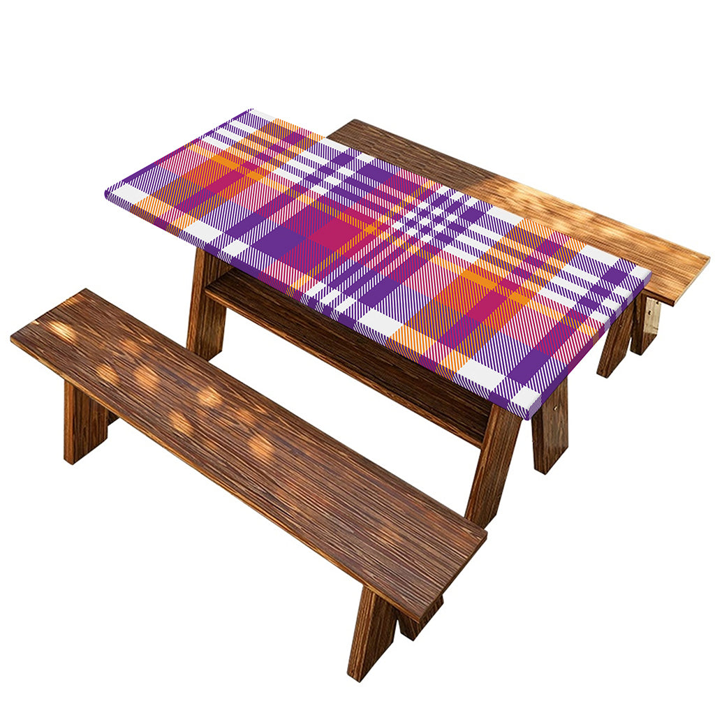 Purple And Orange Madras Plaid Print Picnic Table Cover