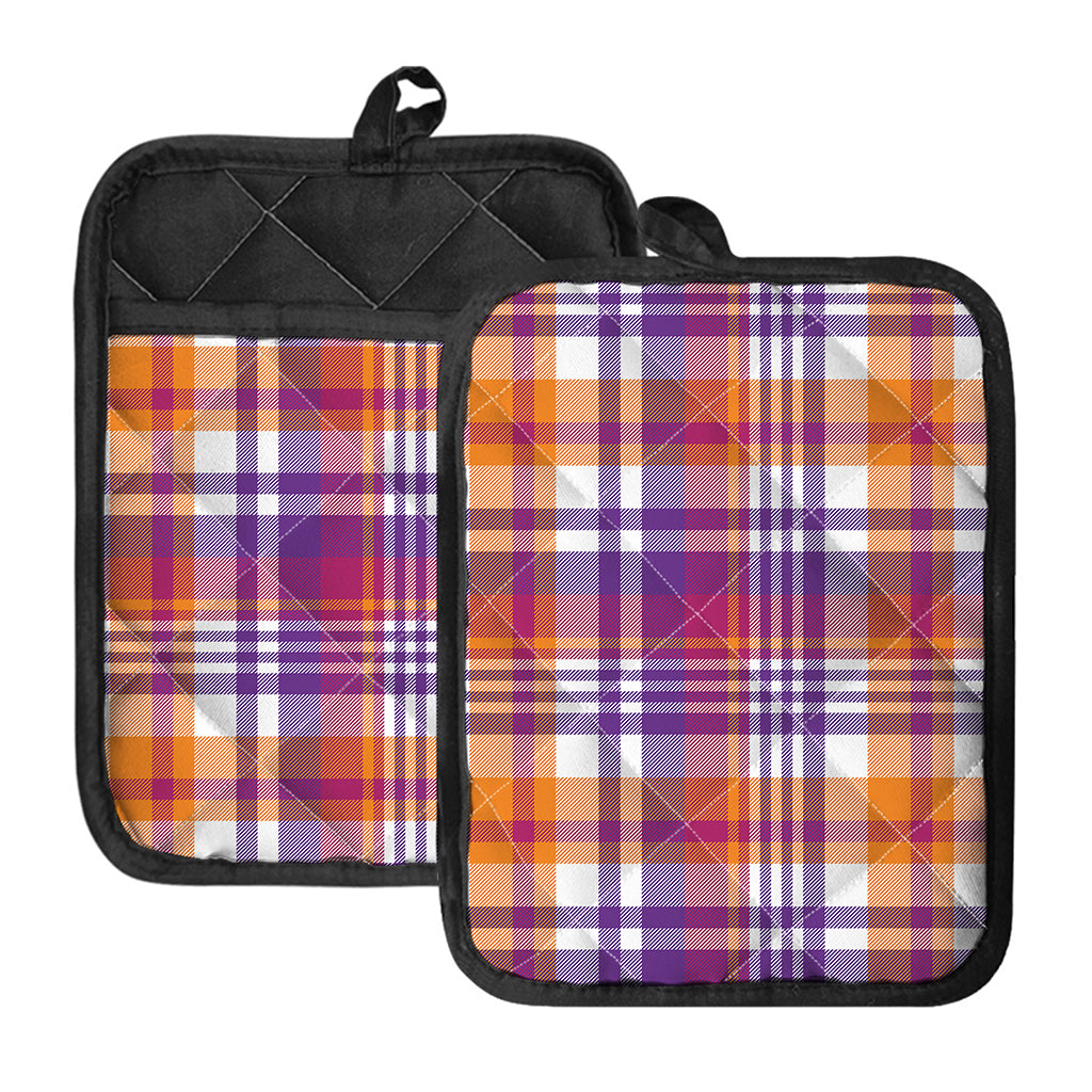 Purple And Orange Madras Plaid Print Pot Holders With Pocket