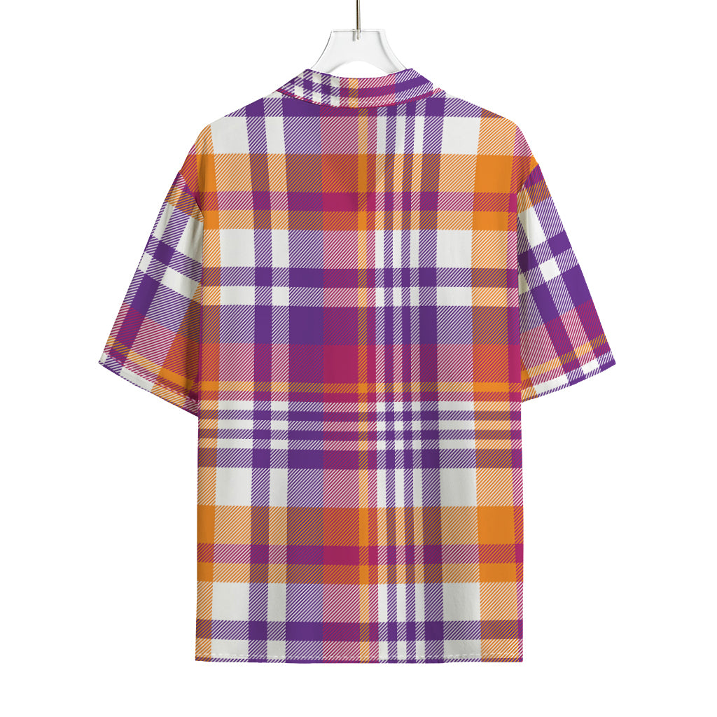 Purple And Orange Madras Plaid Print Rayon Hawaiian Shirt