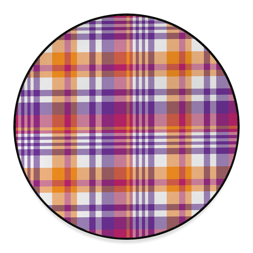 Purple And Orange Madras Plaid Print Round Floor Mat