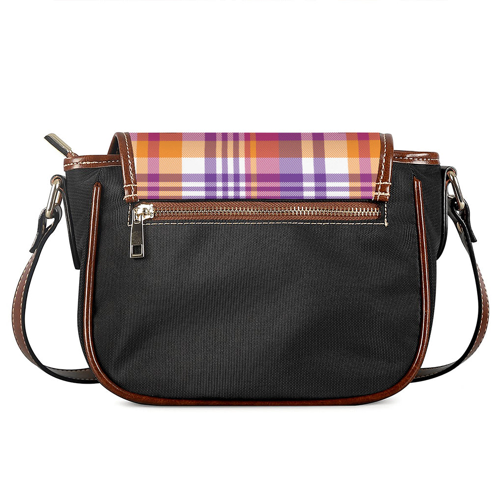 Purple And Orange Madras Plaid Print Saddle Bag