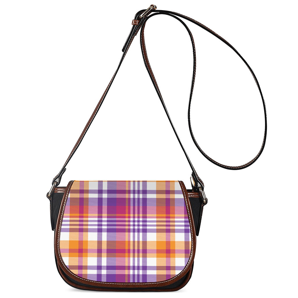 Purple And Orange Madras Plaid Print Saddle Bag