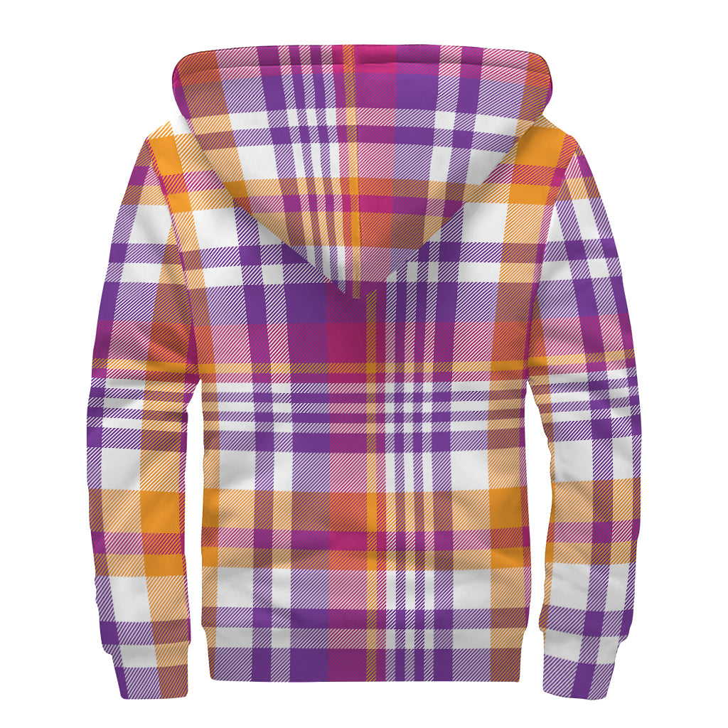 Purple And Orange Madras Plaid Print Sherpa Lined Zip Up Hoodie