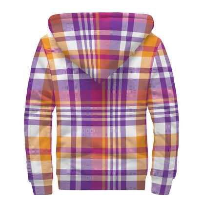 Purple And Orange Madras Plaid Print Sherpa Lined Zip Up Hoodie