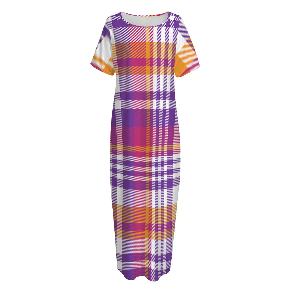 Purple And Orange Madras Plaid Print Short Sleeve Long Nightdress