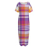 Purple And Orange Madras Plaid Print Short Sleeve Long Nightdress