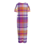 Purple And Orange Madras Plaid Print Short Sleeve Long Nightdress