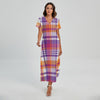 Purple And Orange Madras Plaid Print Short Sleeve Maxi Dress