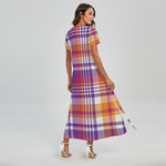 Purple And Orange Madras Plaid Print Short Sleeve Maxi Dress