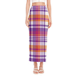 Purple And Orange Madras Plaid Print Side Slit Maxi Skirt