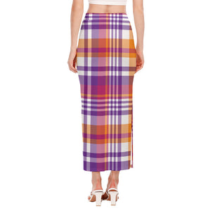 Purple And Orange Madras Plaid Print Side Slit Maxi Skirt