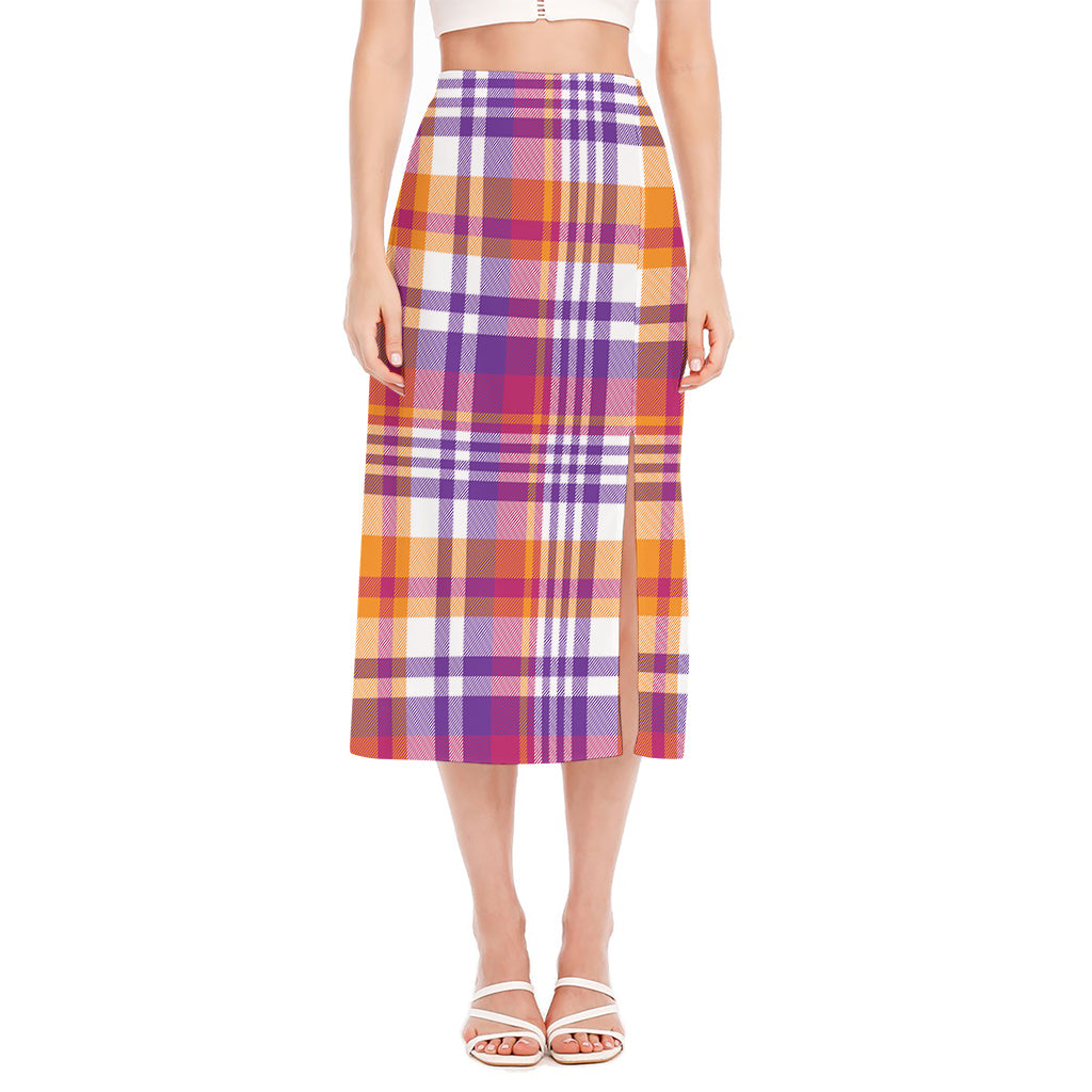 Purple And Orange Madras Plaid Print Side Slit Midi Skirt