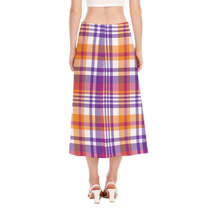 Purple And Orange Madras Plaid Print Side Slit Midi Skirt