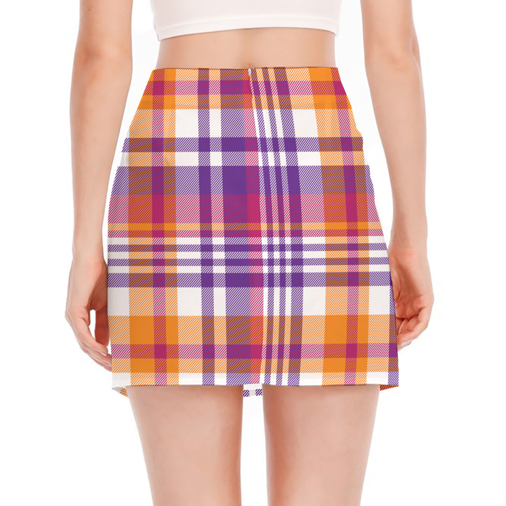 Purple And Orange Madras Plaid Print Side Slit Mini Skirt